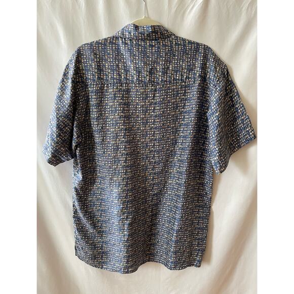 Robert Stock Vintage Geometric Blue 100% Silk Short Sleeve Button Down Shirt M - Picture 2 of 3